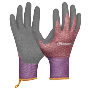 Gebol Gartenhandschuhe Tilia Gr. 7: Graue Handfläche, gemusterte Oberseite, lila Bündchen.