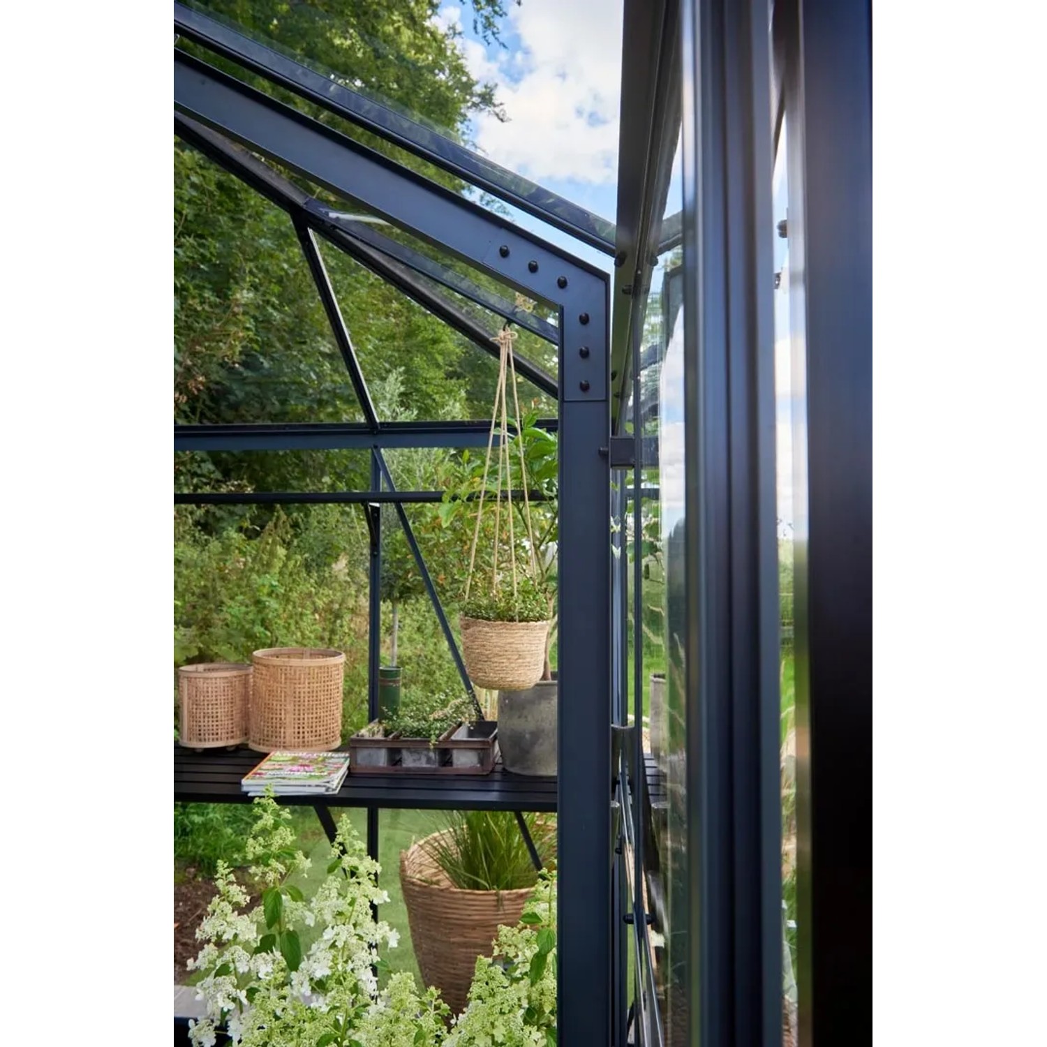 Detailaufnahme: Juliana Gewächshaus Grand Oase 25, schwarz-anthrazit, mit Pflanzen und Regalen.