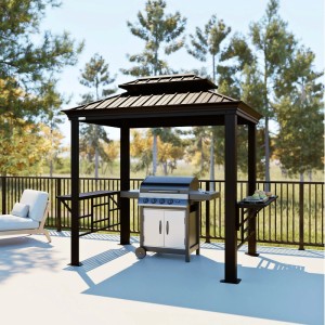 Anthrazitfarbener Sojag Grillpavillon Messina BBQ mit Grill und Ablagetischen im Garten.
