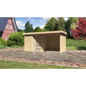 Karibu Holz-Gartenhaus Linköbing mit Flachdach und Anbau, unbehandelt.