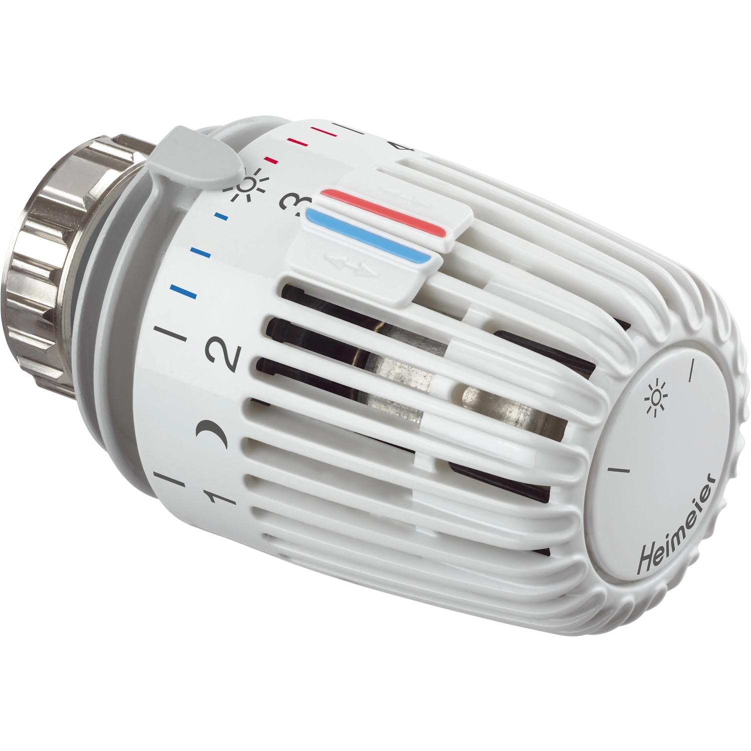 Heimeier Thermostatventilset, Durchgang, 18,6 mm x 21 mm (G 1/2), weiße Thermostatkopf Nahaufnahme.