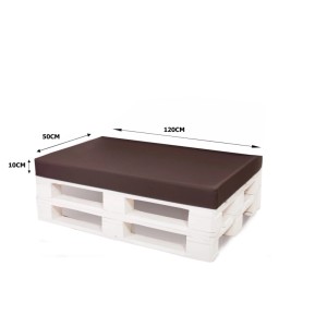 Braunes Setgarden Paletten-Sitzkissen 120x50x10cm auf weißen Paletten. Ideal für Garten & Terrasse.