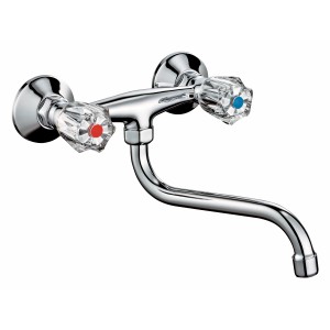 Zweigriff-Küchenarmatur Ledro Chrom zur Wandmontage mit transparenten Griffen.