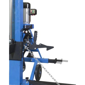 Detailansicht des Güde Langholzspalters GHS 1000/14TEZ-A, blau, mit Bedienelementen und Transportvorrichtung.