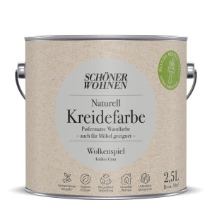Dose Schöner Wohnen Naturell Kreidefarbe Wolkenspiel, 2,5 l, pudermatte Wandfarbe in kühlem Grau.