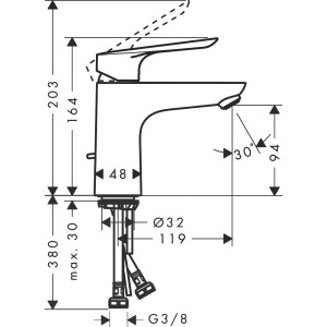 Technische Zeichnung: Hansgrohe Logis E 100 Waschtischarmatur mit Maßen.