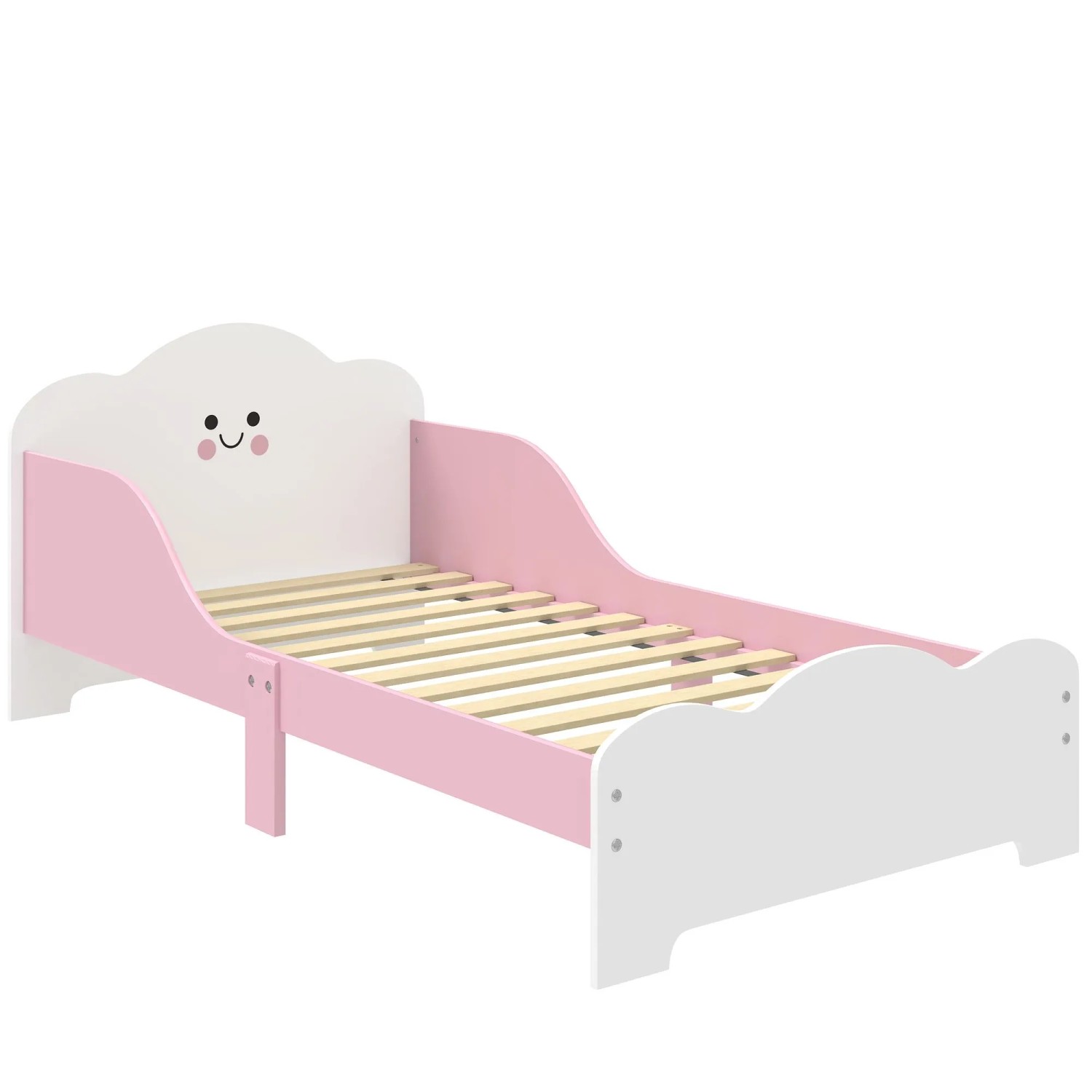 Rosa-weißes AIYAPLAY Kinderbett aus MDF mit lächelndem Wolken-Kopfteil und niedrigen Schutzleisten für Kinder.