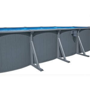 Bestway Hydrium Stahlwandpool in Holzoptik, graue Außenwand mit Stützstreben.