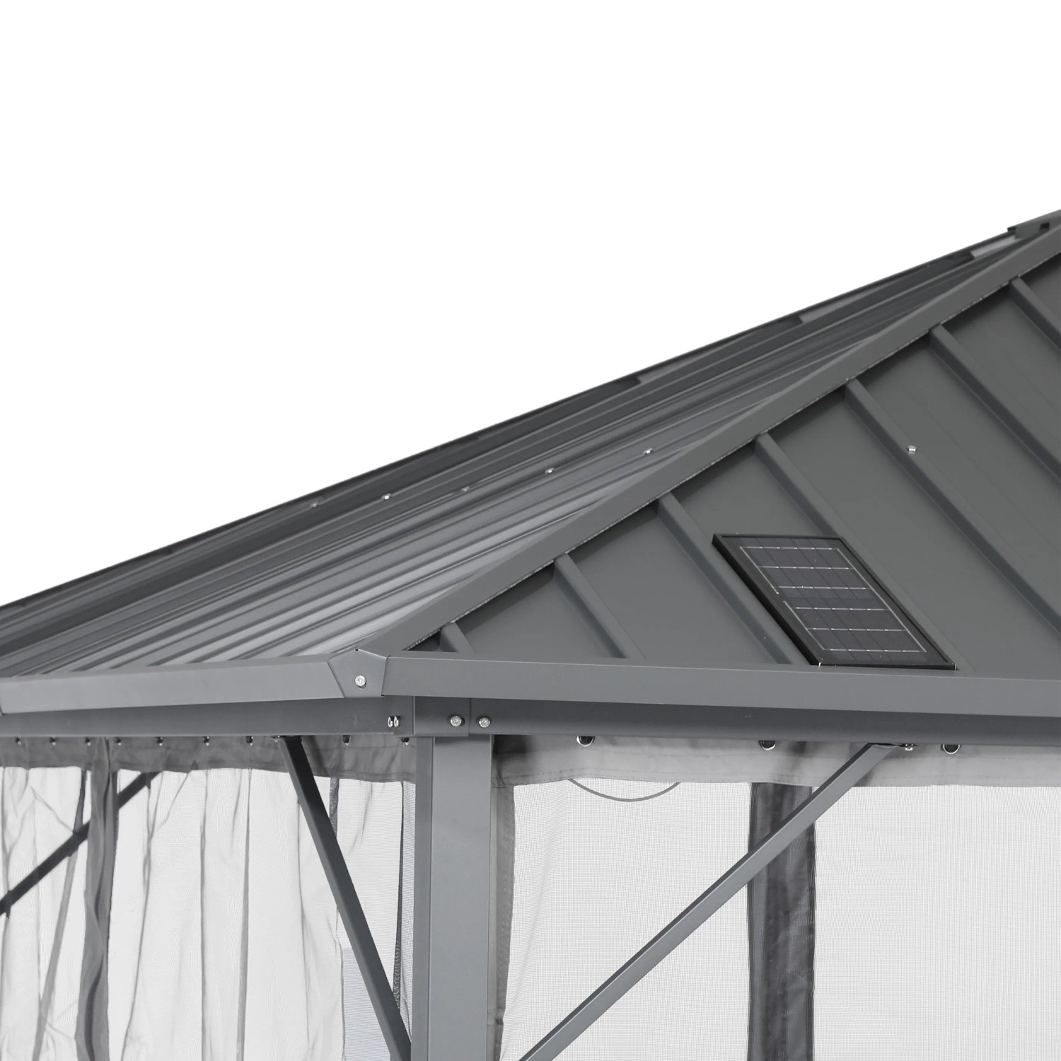 Detailansicht des Home Deluxe Pavillon Azur mit Solarpanel am Dach und Moskitonetz.