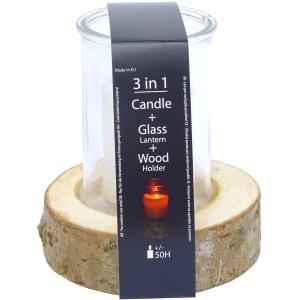 Windlicht aus Glas mit Holzsockel, inklusive Kerze, für eine gemütliche Atmosphäre.