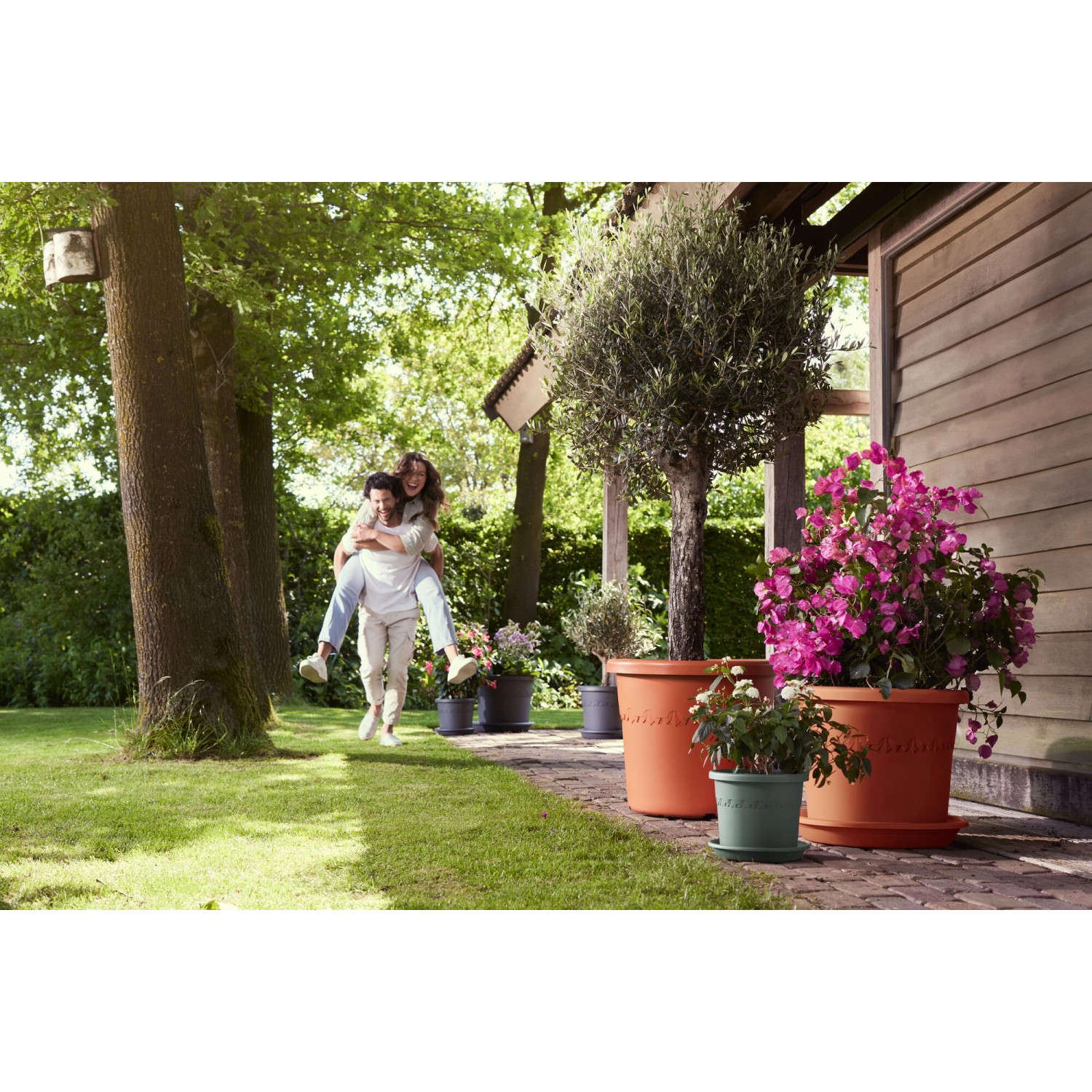 Elho Algarve Cilindro Blumentopf, Ø 48cm, Terrakotta, mit Bepflanzung im Garten.