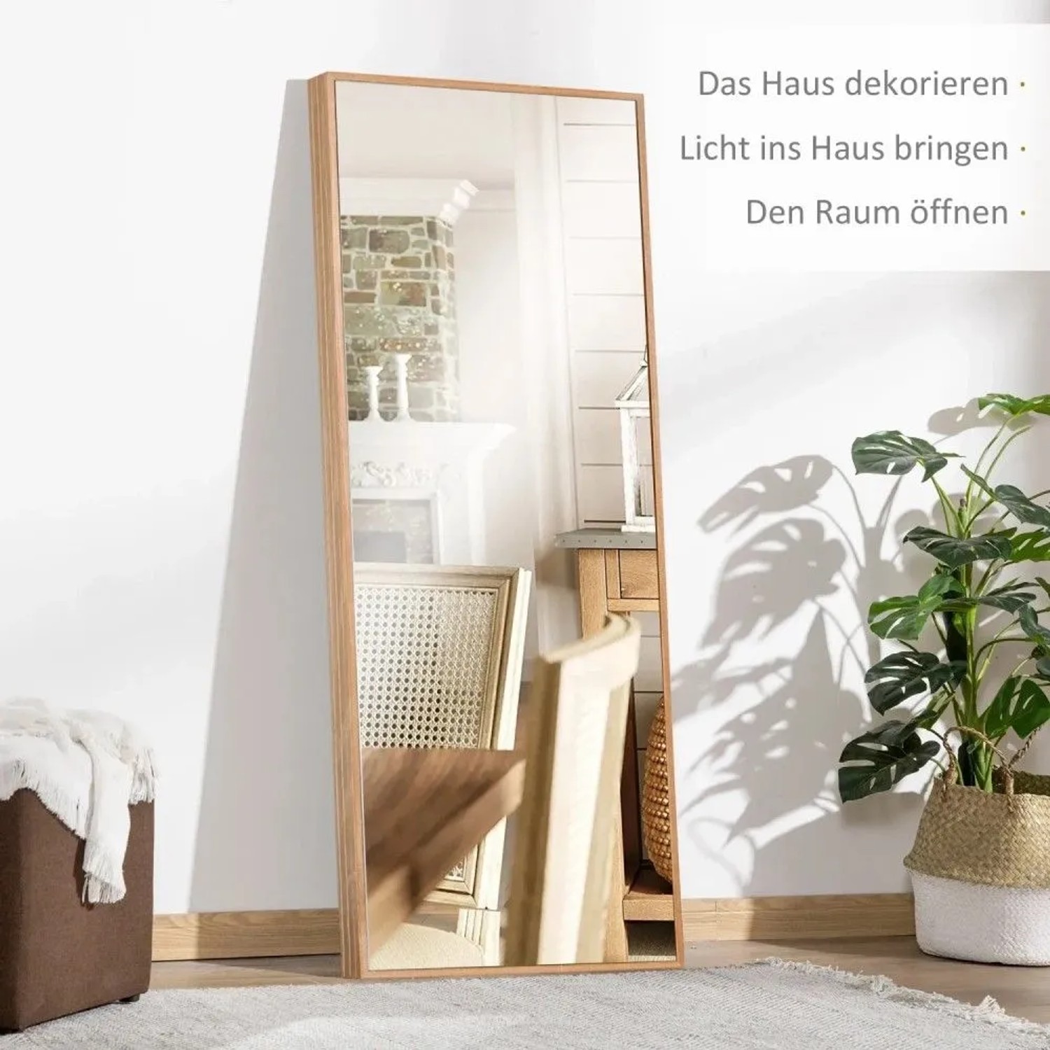 HOMCOM Wandspiegel mit hellem Holzrahmen, 125x45cm, lehnt im Schlafzimmer. Modernes Design, Garderobenspiegel.