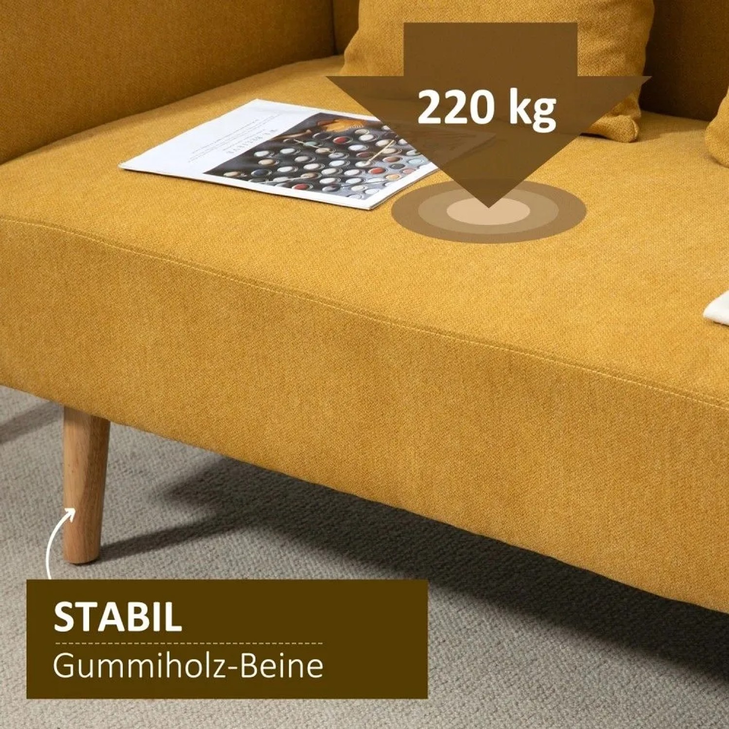Gelbes HOMCOM 2-Sitzer Sofa mit stabilen Gummiholz-Beinen und 220 kg Belastbarkeit.