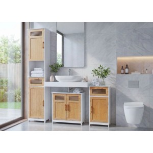 MCW Badmöbel-Set A85: Hochschrank, Waschbeckenunterschrank und Kommode aus MDF und Bambus.