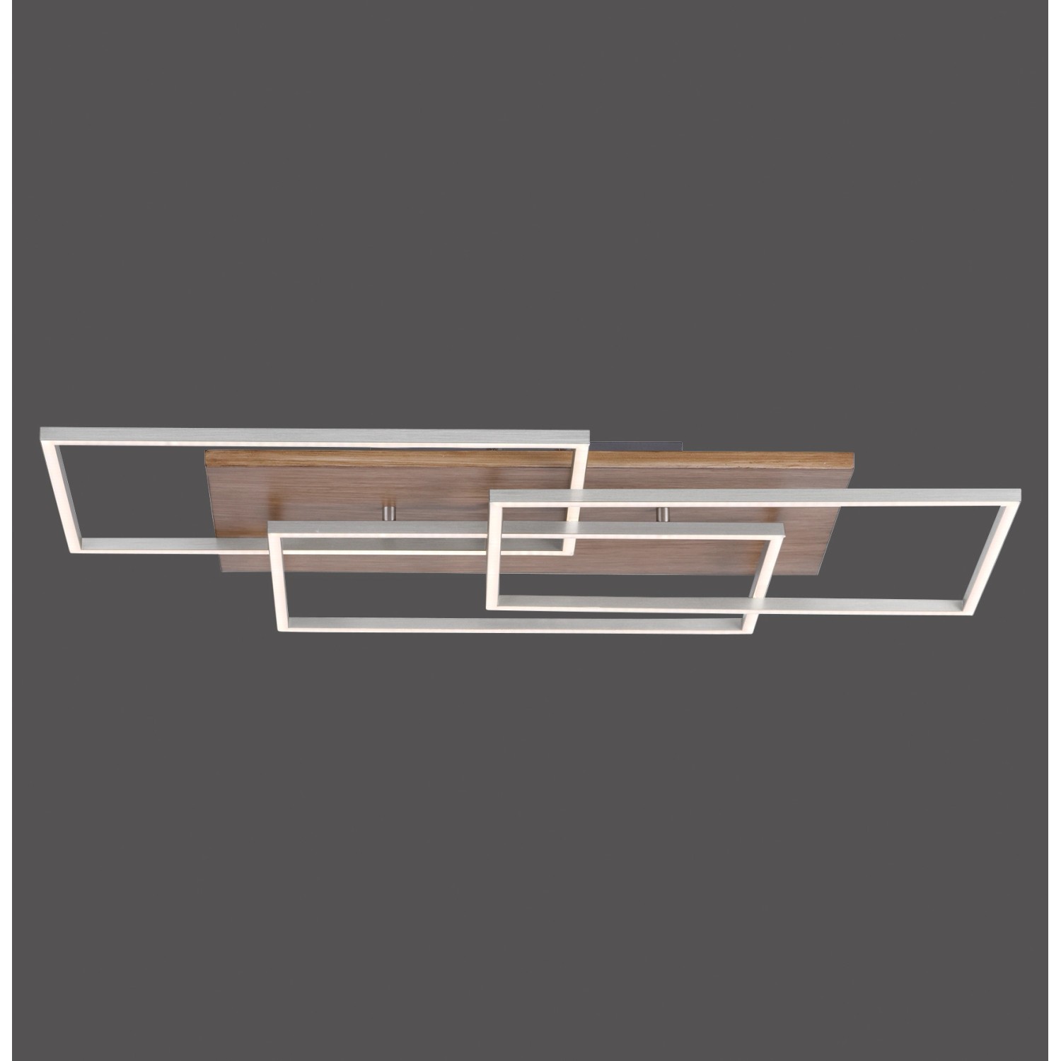 Moderne LED-Deckenleuchte Palma mit Holzdekor und eckigen, weißen Rahmen (82x50 cm).