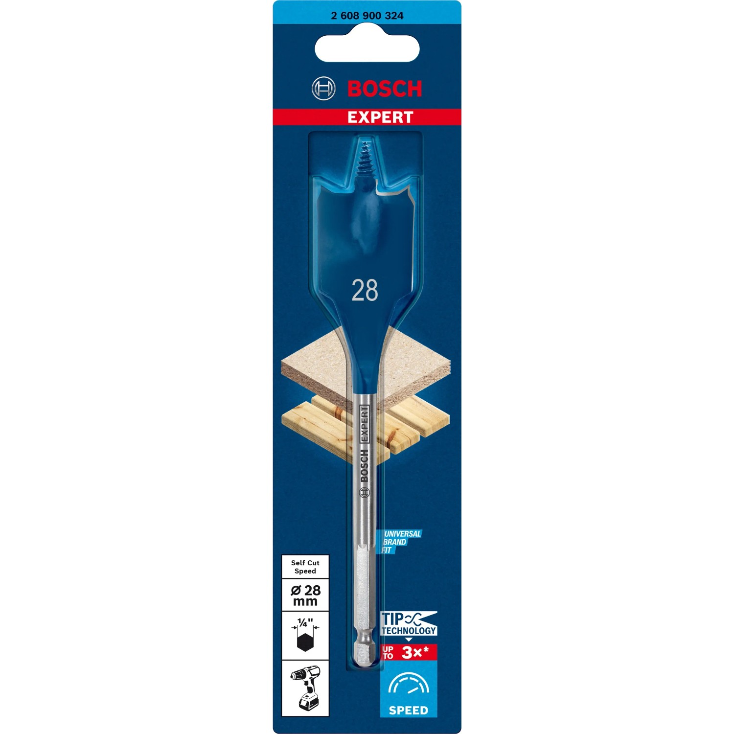 Bosch Expert Flachfräsbohrer 28 mm für Holz, mit Sechskantschaft für schnelles Bohren.