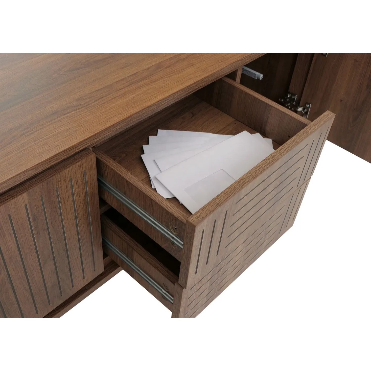 Braunes MCW TV-Rack O34 mit offener Schublade, strukturierten Fronten und viel Stauraum. Melaminbeschichtet.