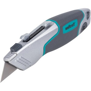 wolfcraft Profi-Dualklingen-Messer mit Trapez- und Hakenklinge, Metallgehäuse, grau/silber.