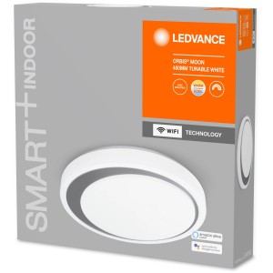 Verpackung der Ledvance Smart+ WiFi Deckenleuchte Orbis Moon, weiß-silber, Ø 48cm, Tunable White.
