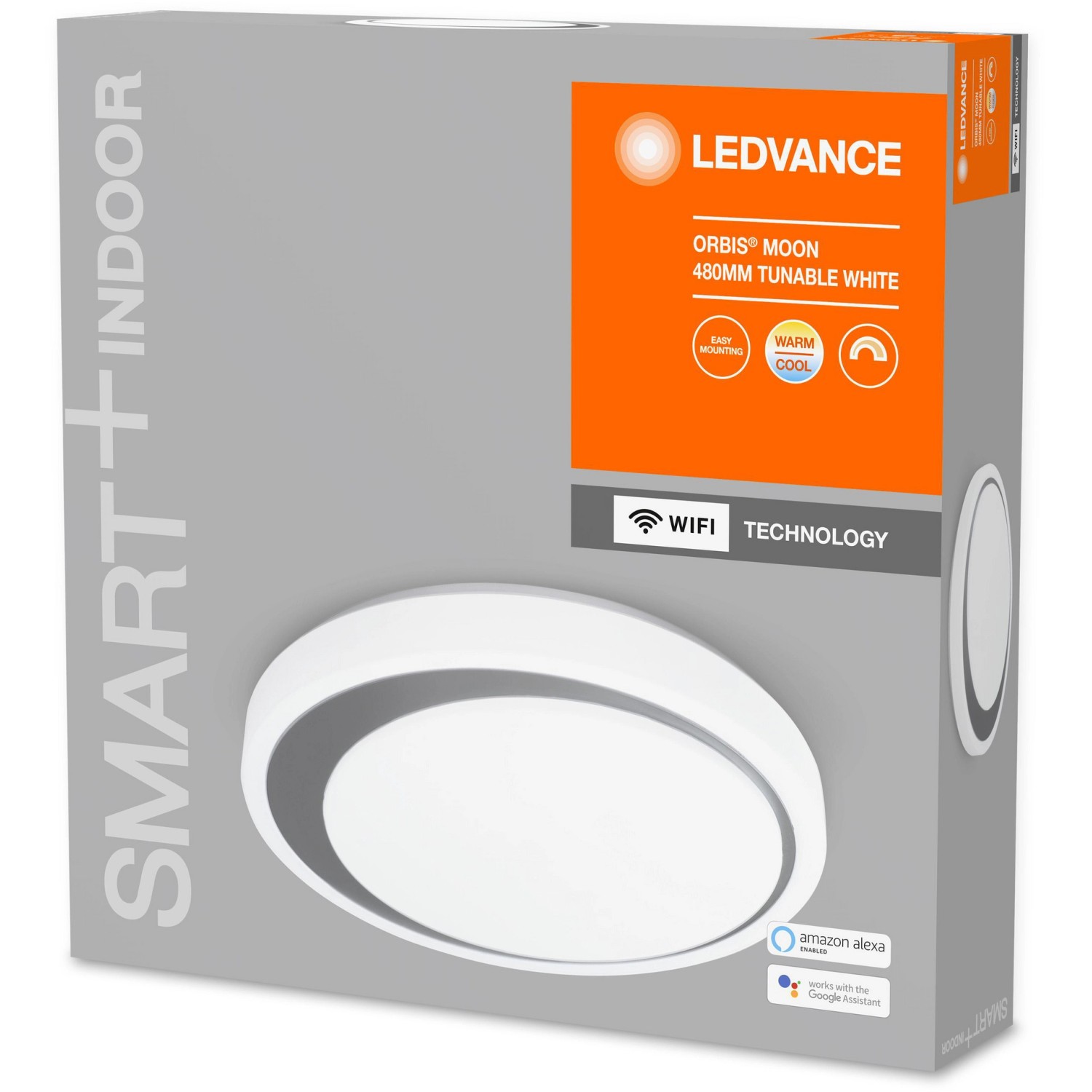 Verpackung der Ledvance Smart+ WiFi Deckenleuchte Orbis Moon, weiß-silber, Ø 48cm, Tunable White.
