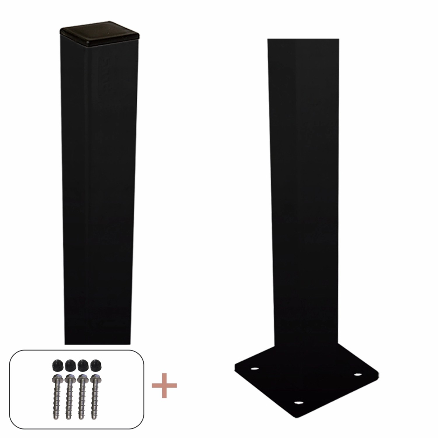 Schwarzer Stahl Zaunpfosten (4,5x4,5x96cm) mit Schrauben für Zaunbau & Sichtschutz.