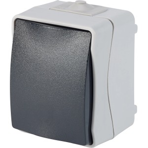 Grauer Feuchtraum Taster IP44 für Aufputzmontage im Innen- und Außenbereich.
