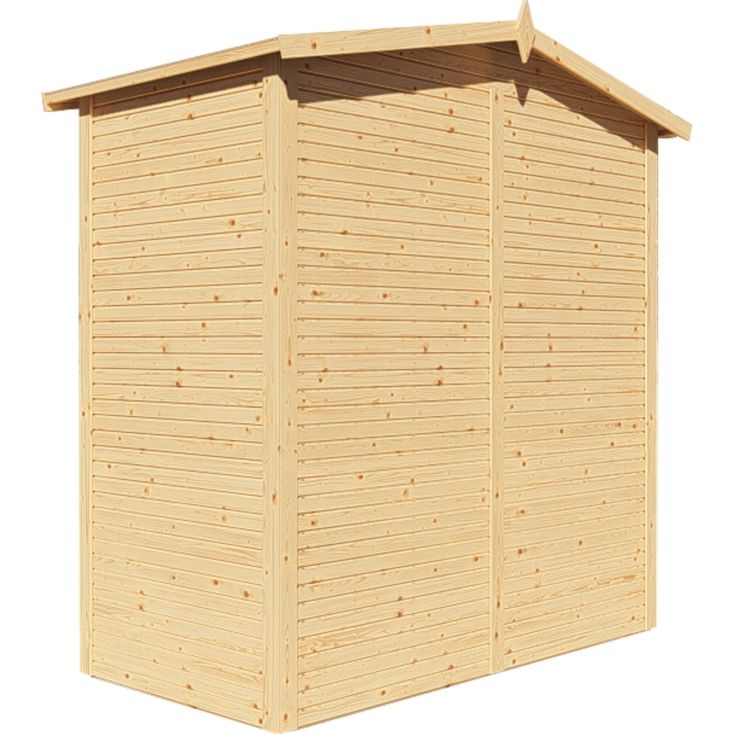 Bertilo Gerätehaus aus Holz, naturbelassen, Seitenansicht. Holz-Gartenhaus mit Satteldach.