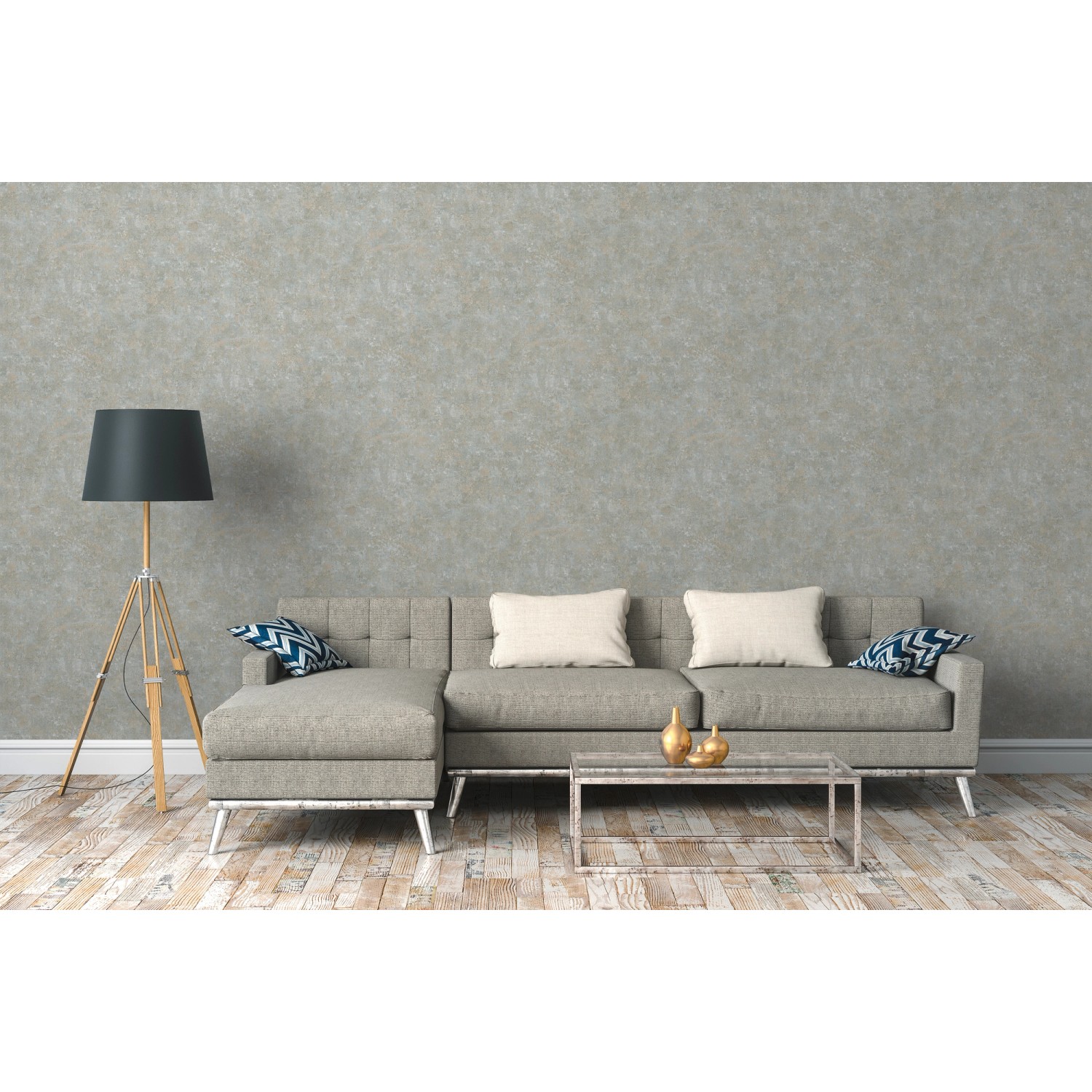 Blau strukturierte Vliestapete Uni Matt FSC® an Wand hinter Sofa und Lampe.