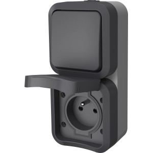 Grau-anthrazitfarbene Aqua Pro Steckdose mit Aus-/Wechselschalter für Feuchträume.