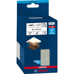Bosch Expert Schleifklotz Dual Density M480 im Karton mit Schleifauflagen, geeignet für Holz und Trockenbau.