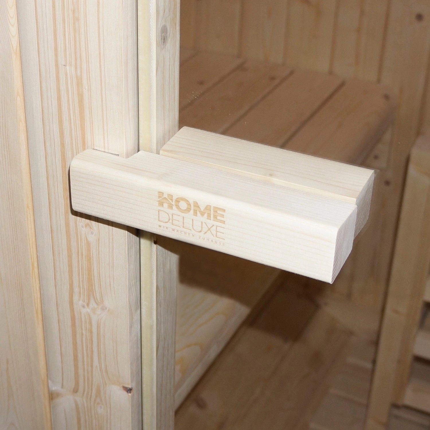 Detailaufnahme: Home Deluxe Fasssauna Lahti Deluxe XL, Fichtenholz, Saunabank.