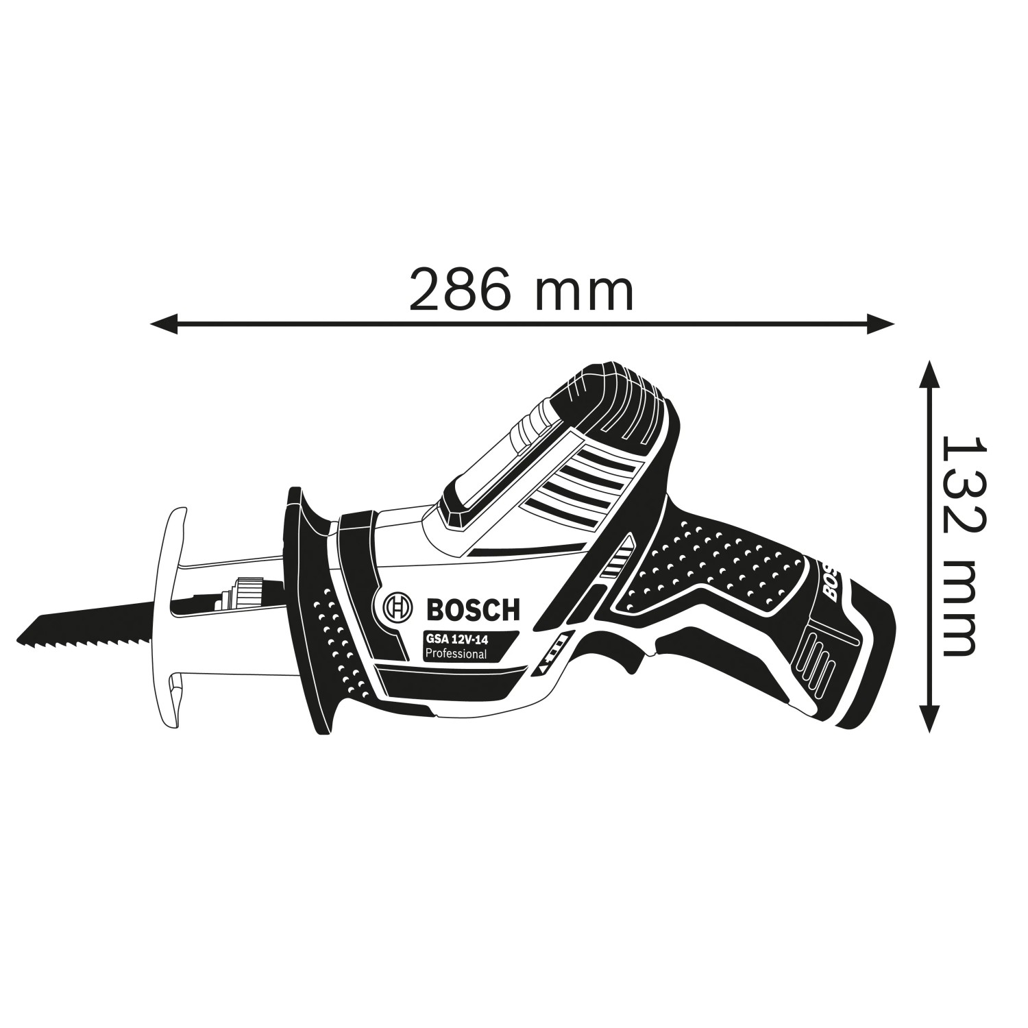 Skizze der Bosch Professional GSA 12V-14 Akku-Säbelsäge mit Maßangaben.