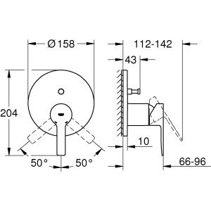 Technische Zeichnung Grohe Lineare Einhand-Wannenbatterie Supersteel mit Maßangaben.