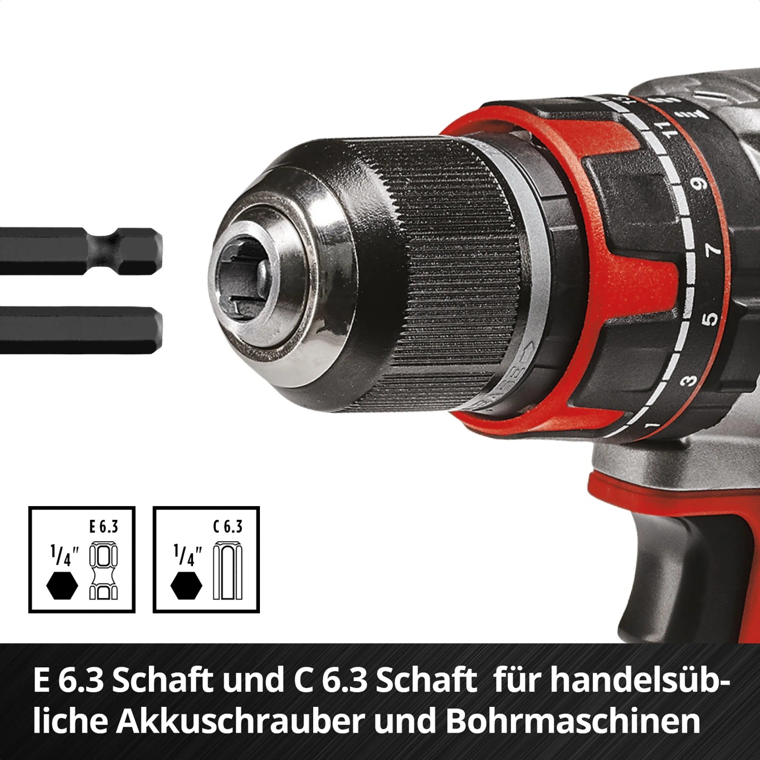 Einhell Bit-Set im Akkuschrauber: Bits und Bohrfutter im Detail.
