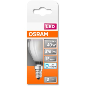 Osram LED Leuchtmittel E14 in Tropfenform, 4W, für energiesparende Beleuchtung.