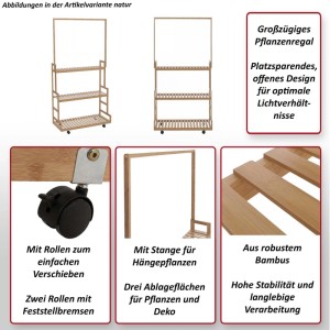 MCW Bambus Pflanzenregal mit 3 Ablagen, Stange und Rollen, 175x93x38cm