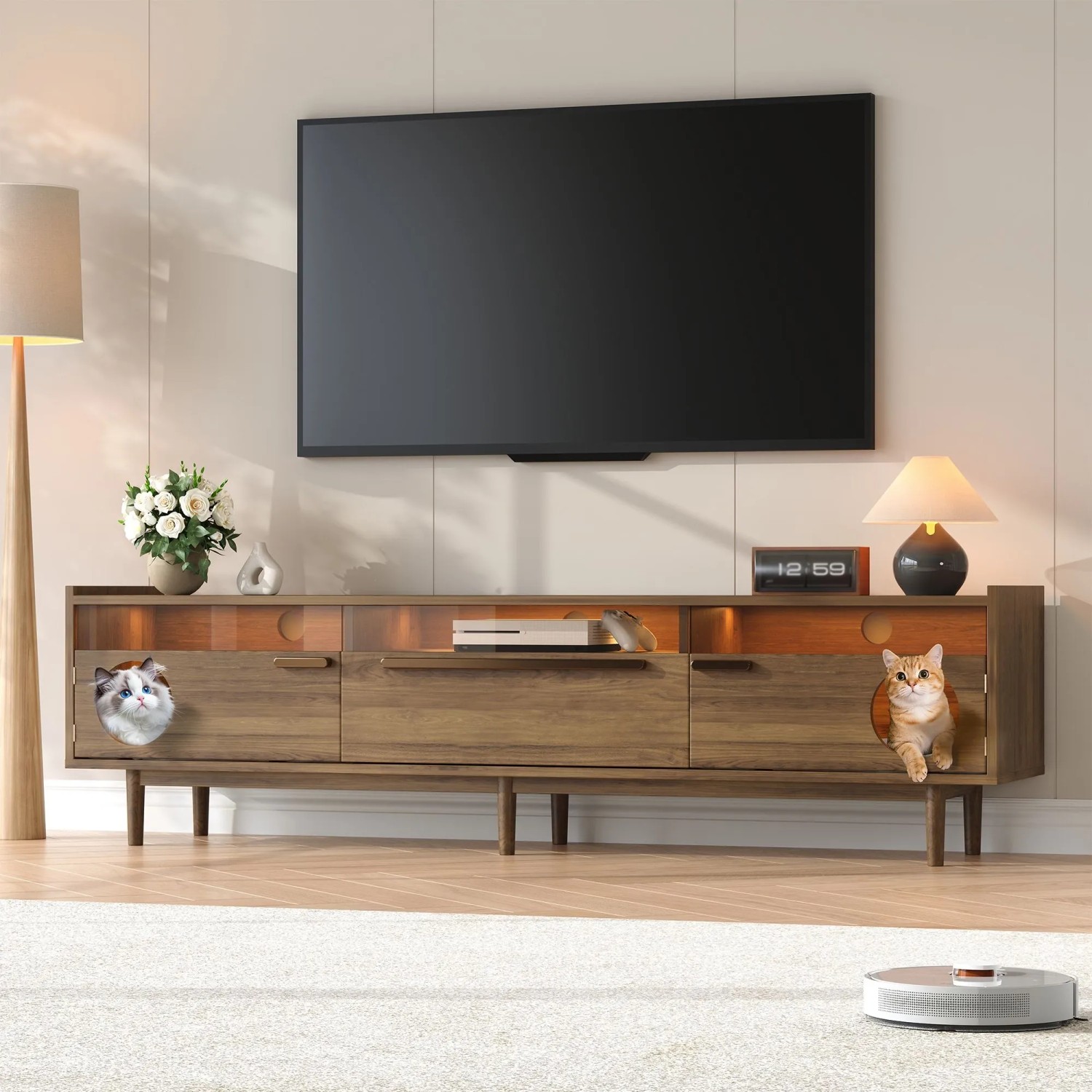 okwish TV Schrank mit LED Katzenruheraum Glas Türen Wohnzimmer 180x40x50cm Nussbaum kaufen bei OBI