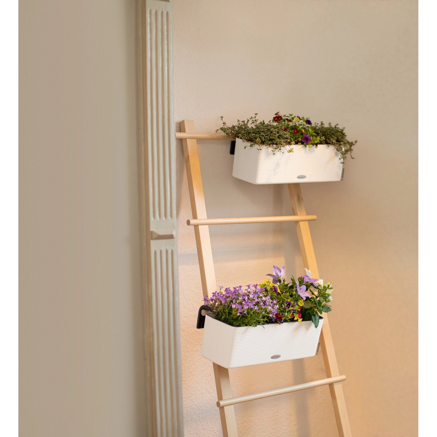 Lechuza Cube Color Triple Pflanzgefäß, 40 cm, weiß, mit Bepflanzung auf Holzleiter.