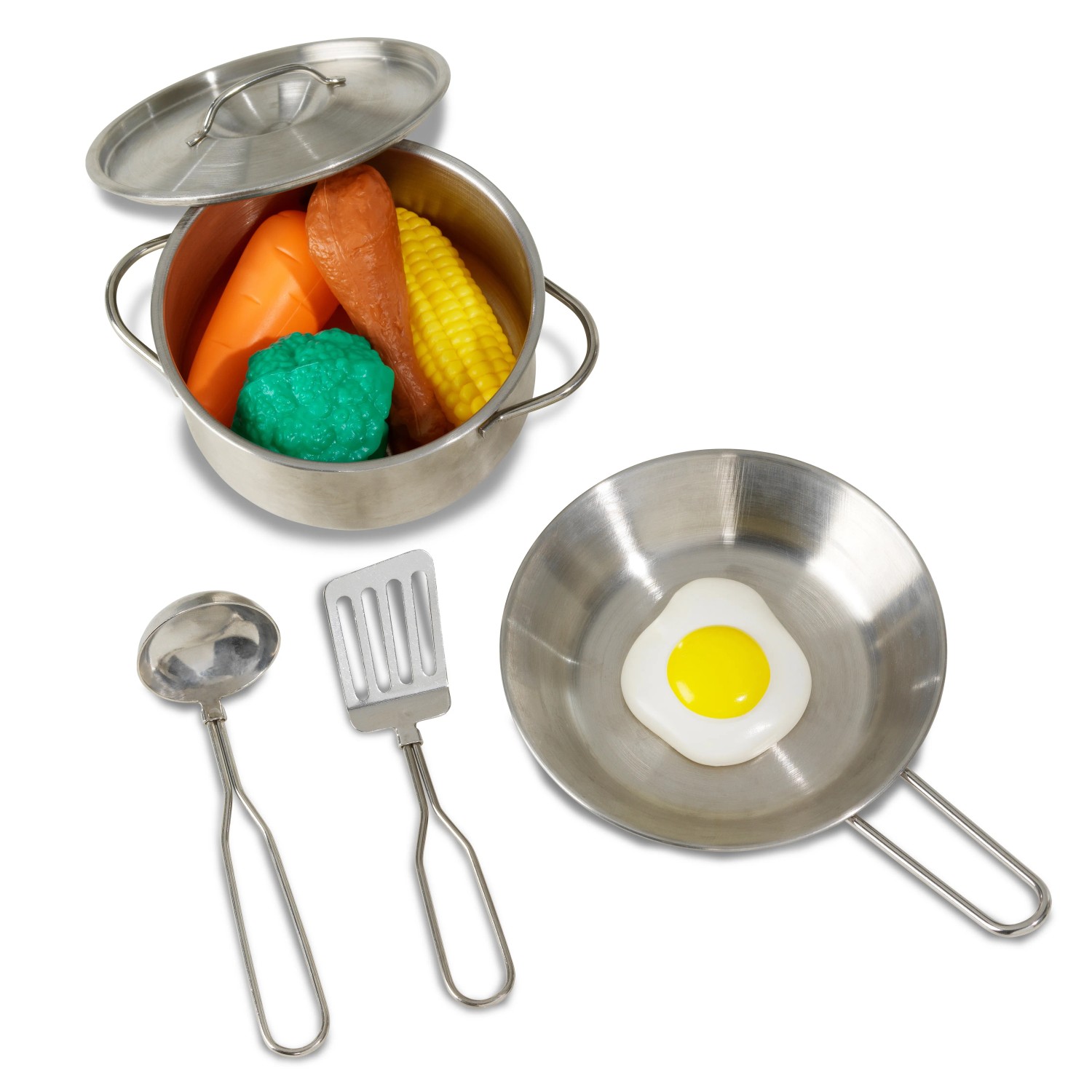 Exit Toys Spielküche Zubehör: Topf mit Gemüse, Pfanne mit Spiegelei, Schöpfkelle und Pfannenwender.