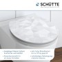 Schütte WC-Sitz Diamond mit Holzkern und Absenkautomatik, weißes geometrisches Muster.