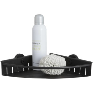 Schwarze Tiger Boston Eck-Duschablage aus Edelstahl mit Duschgel und Schwamm.