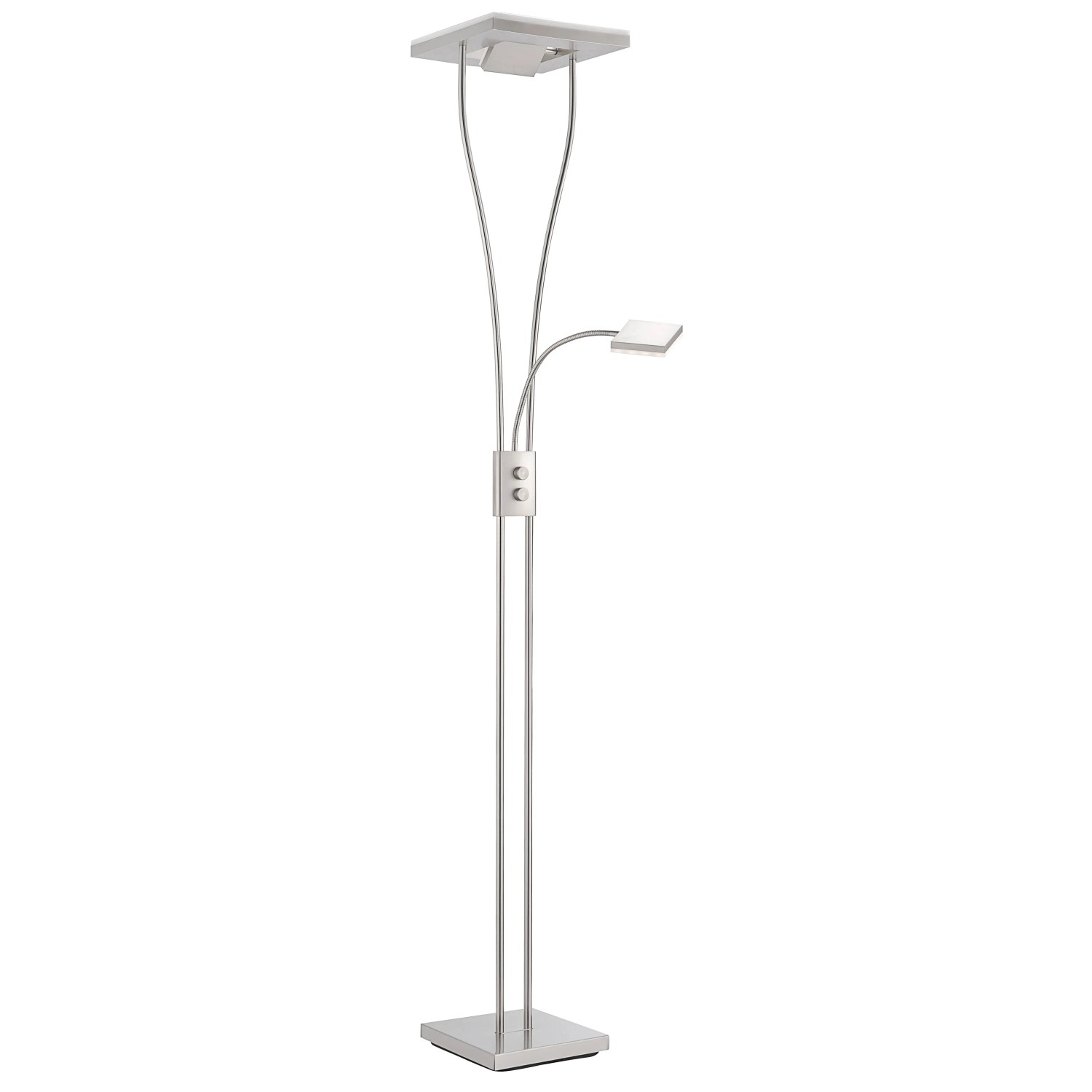 Moderner LED-Deckenfluter Helia aus Stahl, gebürstet, mit Leseleuchte, Höhe 187-197,5 cm.