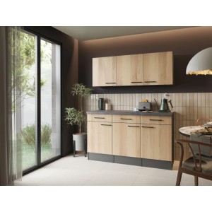 Modernes Respekta Sideboard Oliver Set mit Oberschränken in Artisan Eiche und Granit-Arbeitsplatte in Küche.