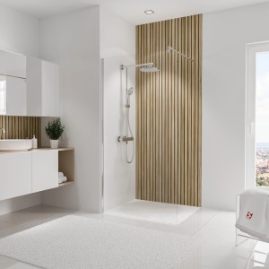 Schulte Duschrückwand DecoDesign Japandi Holzoptik, moderne Badgestaltung mit Duschwand.