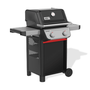 Schwarzer Weber Gasgrill E-210 Spirit 2025 mit 2 Brennern und Seitenablage.