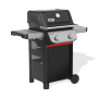 Schwarzer Weber Gasgrill E-210 Spirit 2025 mit 2 Brennern und Seitenablage.