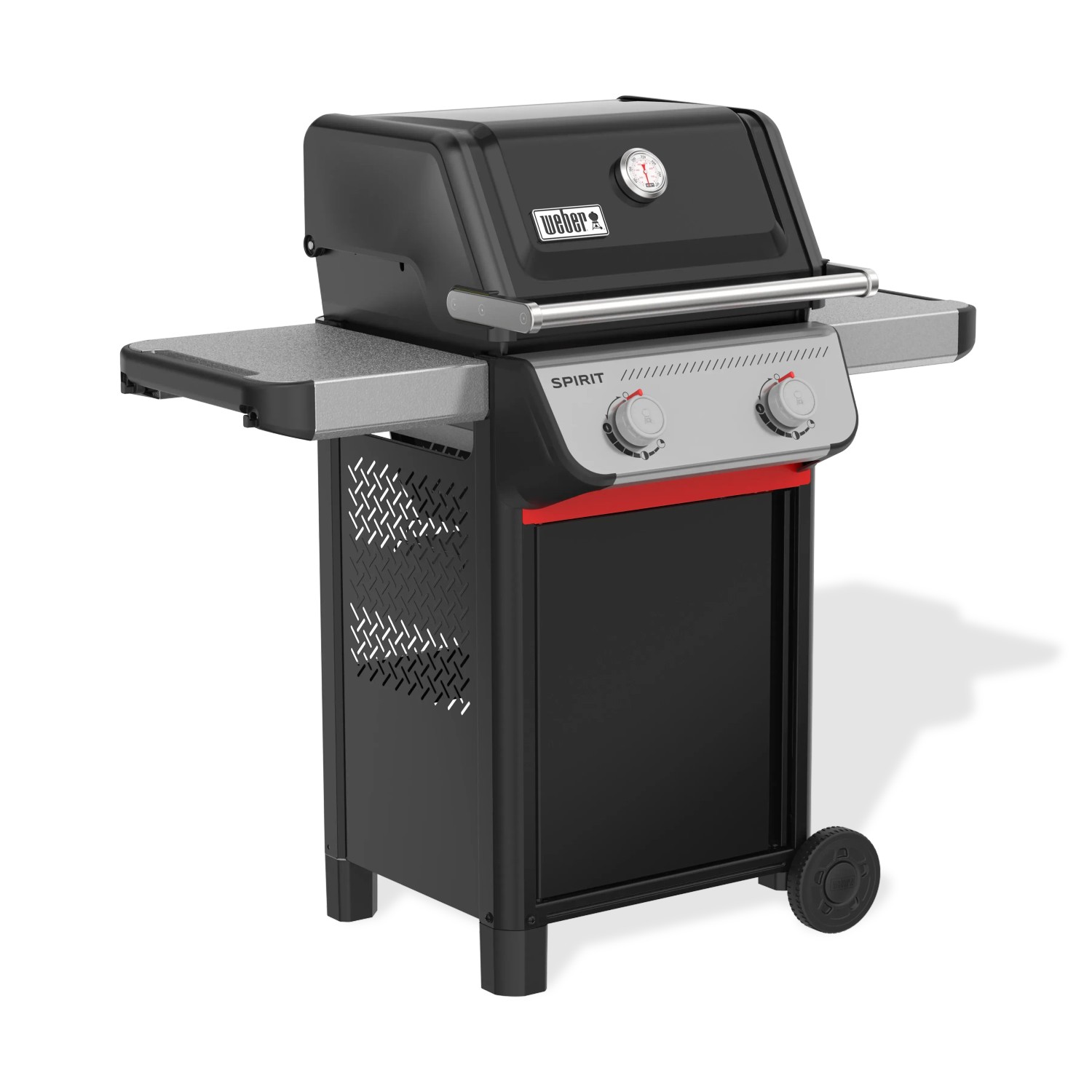 Schwarzer Weber Gasgrill E-210 Spirit 2025 mit 2 Brennern und Seitenablage.