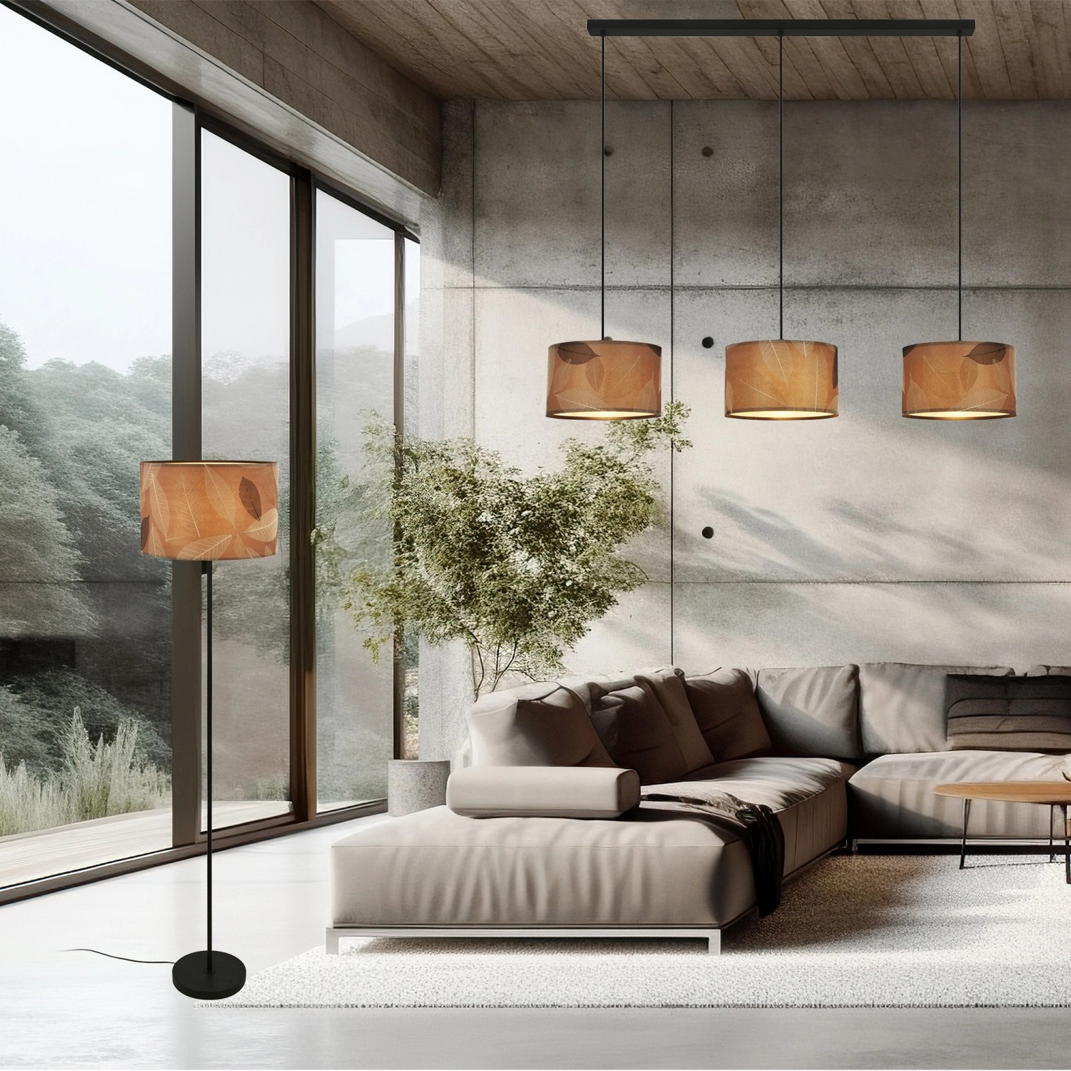 Briloner Stehleuchte Swing Nature mit Papierschirm und Blätterdekor in Kaffee, passend zur Pendelleuchte.