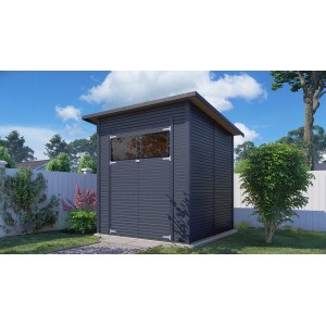Modernes, anthrazitfarbenes Bertilo Gerätehaus Pent mit Rhombusprofil im Garten.