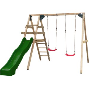 SwingKing Doppelschaukel Celina mit grüner Rutsche und zwei roten Schaukelsitzen.